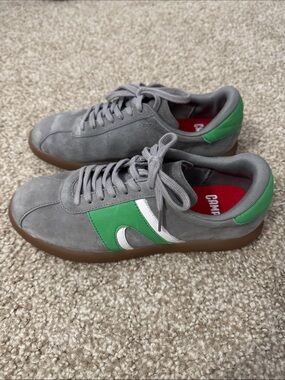 Camper Gray Suede Sneakers with Green and White Accents